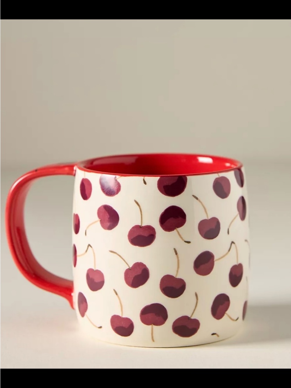 Anthropologie Ceramic Cherry Pattern Red Accent Coffee Mug
